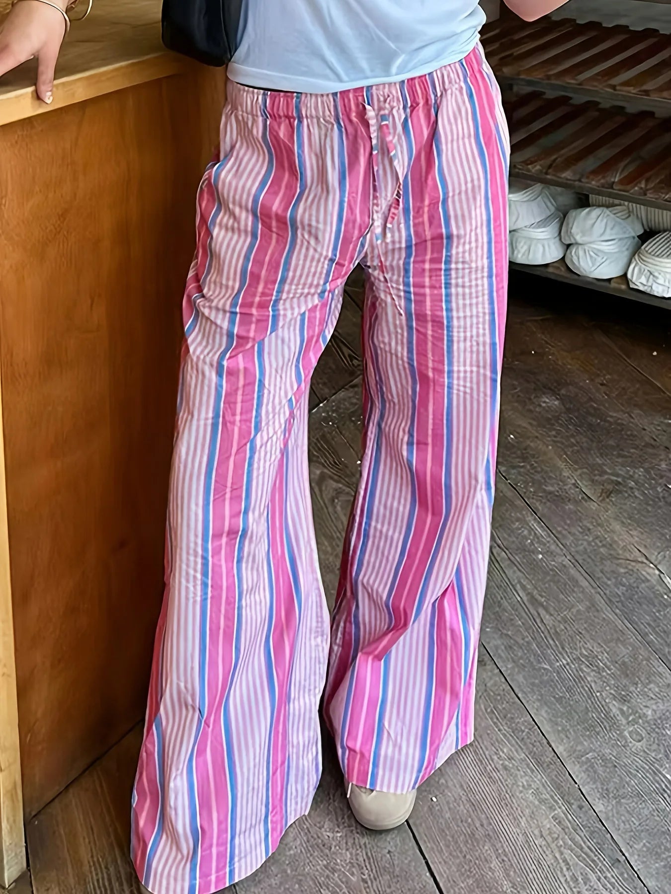2025 European style women's striped high waist loose fashionable casual comfortable pants.   XS-XL