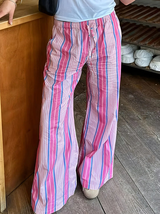 2025 European style women's striped high waist loose fashionable casual comfortable pants.   XS-XL