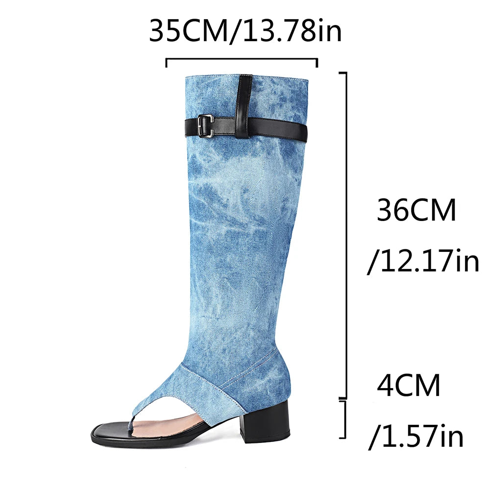 Summer Women Open Toe Boots Chunky Heel Flip-Flops Knee-High Boots With Belt Buckle
