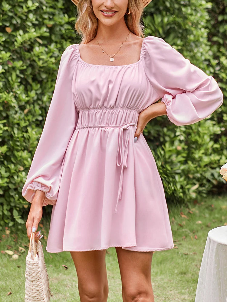 Women's Lantern Sleeve Square Neck Doll Dress A-Line Ruffle Elastic Waist Pink Dress Best for Summer.  S-XL