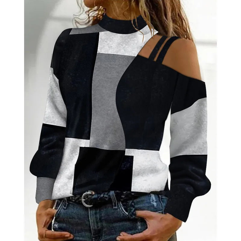 Fashion Sexy Off Shoulder Print Tops Women Elegant O-neck Long Sleeve Blouse.  S-3X