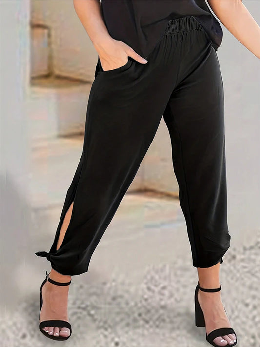 Plus Size Women's Black Casual Calf Slit Pants