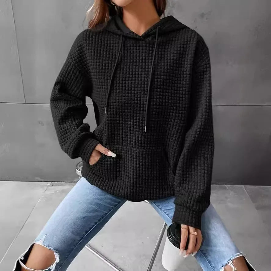 Women's hooded sweatshirt spring and autumn style waffle fashion beautiful solid color hooded drawstring loose sweatshirt.  S-2XL