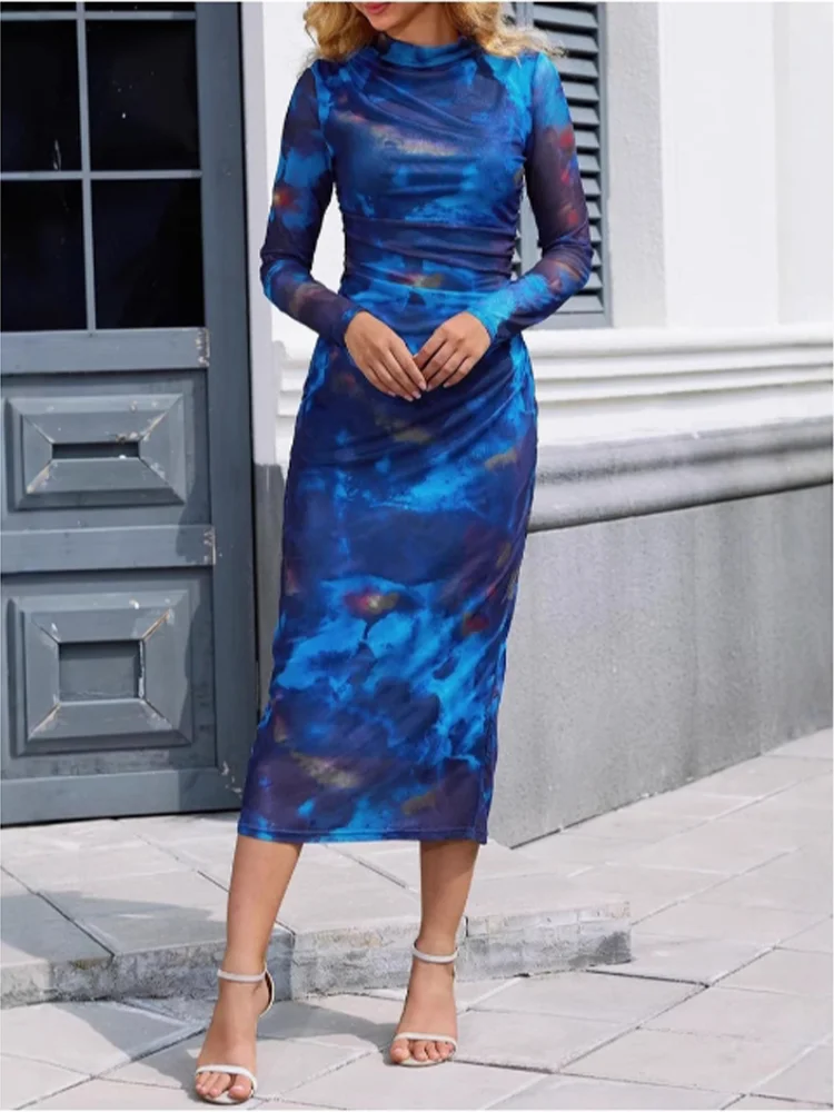 Blue Long Sleeved Fashionable Print Women's Dress High Street Fashion Slim Fit Dress.  S-2X