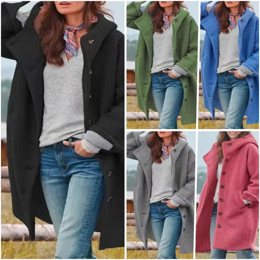 Ladies Retro Style Woolen Coat New Autumn Winter Fashion Outerwear Polyester Fiber Hooded Loose Fit Coat.  S-3X