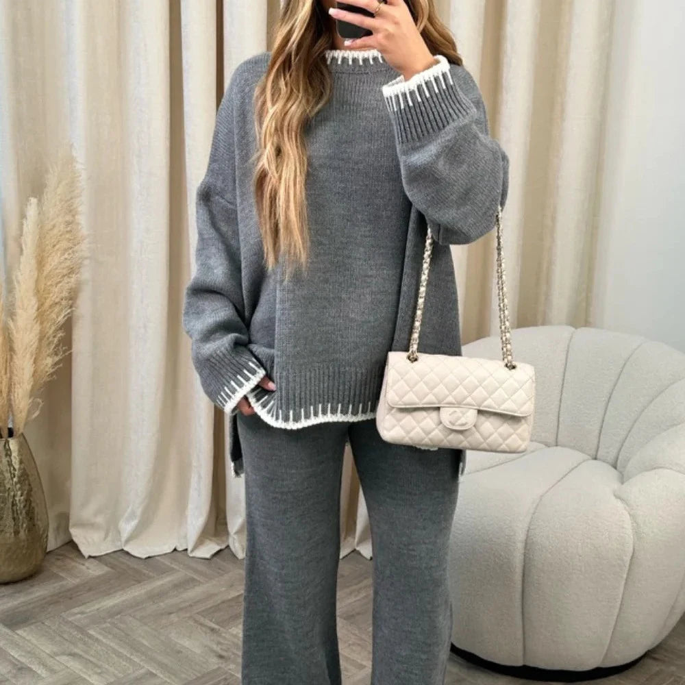 Ladies Knitted 2 Piece Set Casual Loose O Neck Pullover Top Wide Leg Pants.