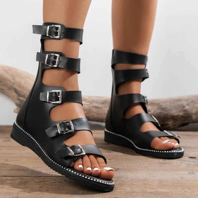 Summer Women's Open Toe Sandals New Roman Back Zip Flat Gladiator Sandals