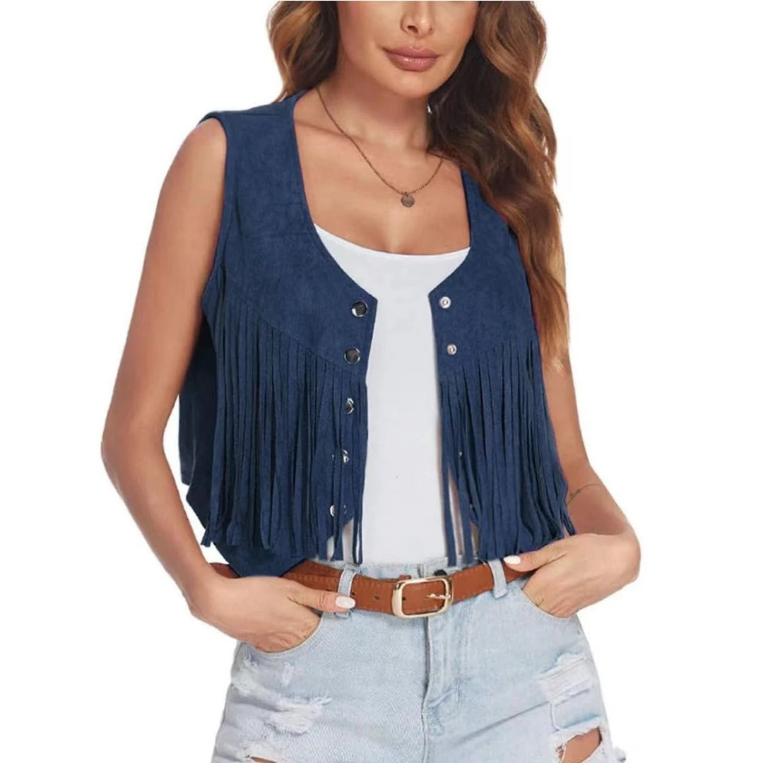 Women Faux Suede Ethnic Sleeveless  Rivet Fringe Tassels Hippie Open Front Vest Vintage Cowgirl Vest