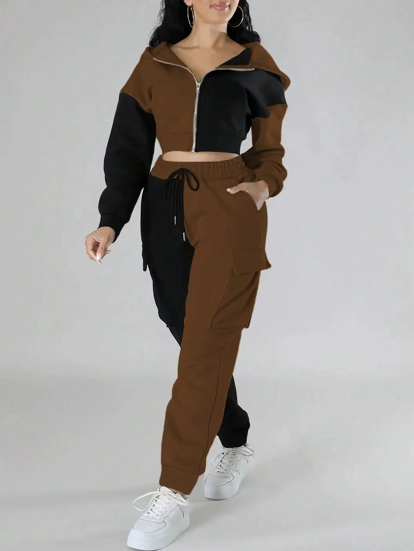 Women Loose Two Piece Matching Set Zip- Up Hoodie And Drawstring Cargo Pants Suit.  S-2x