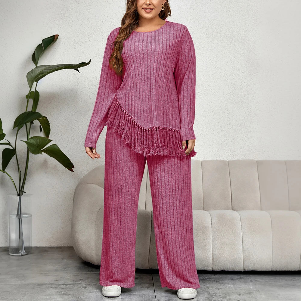 Plus Size 2 Piece Women Pants Set Loose Ribbed Long Sleeve Tassel Irregular Hem Top And Pants