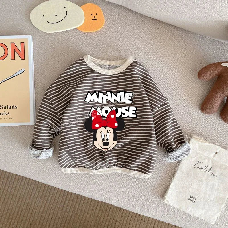 Disney Mickey Mouse 1-8T Cotton Children Clothing Long Sleeve T-shirts Striped Boy Girl Tops Kids T-shirt Autumn Spring Tee Kids