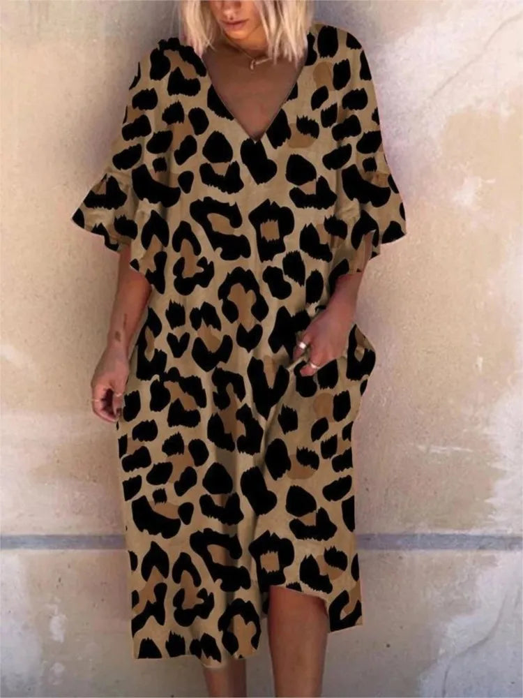 Fashion Leopard Print Dress Lady Casual Vintage V Neck Pullover Loose Dress.   S-3x