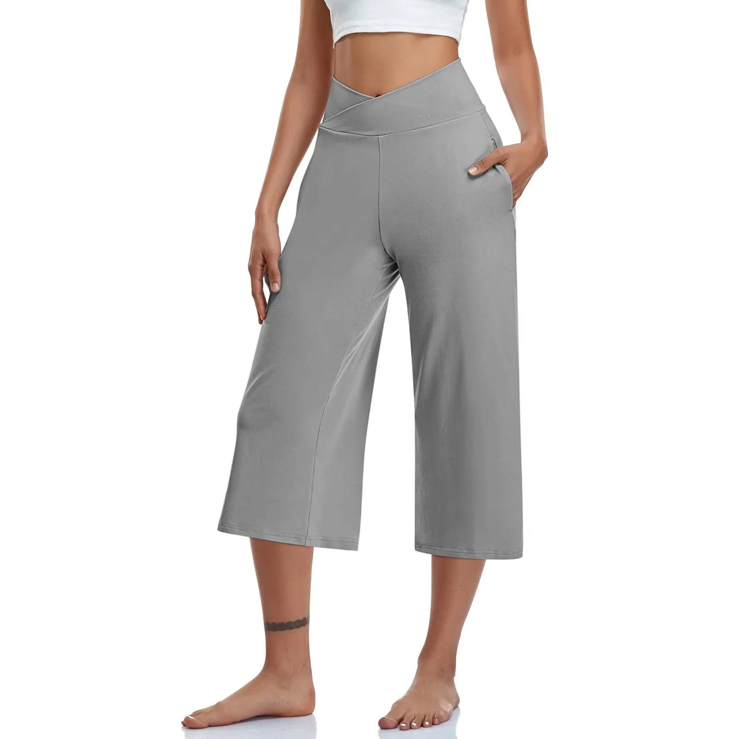 Spring and Summer Women Elastic High Waist 3/4 Pant Solid Casual Active Fit Wide Capri Leg Trousers With Pockets.  S-3X