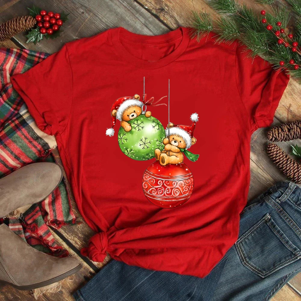 Women's Kawaii Christmas Top - Santa Claus & Deer O-Neck Y2K T-Shirt.  S-3X