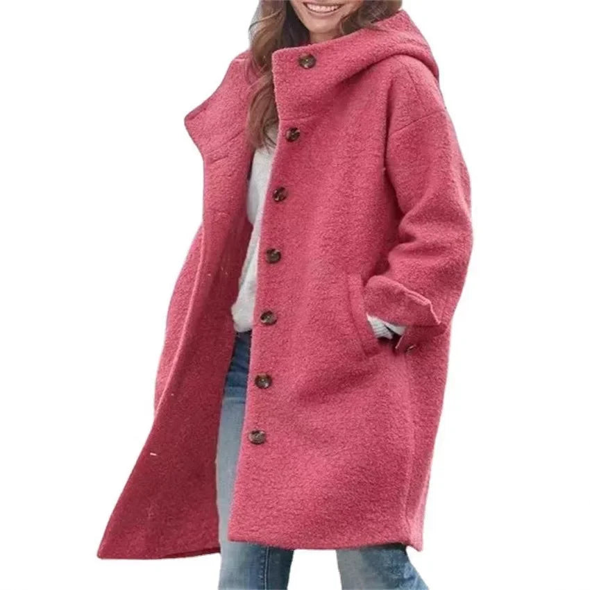 Ladies Retro Style Woolen Coat New Autumn Winter Fashion Outerwear Polyester Fiber Hooded Loose Fit Coat.  S-3X