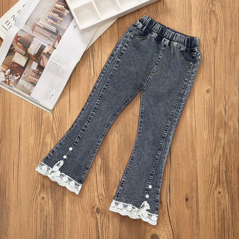 Girls' Jeans Spring and Autumn New Casual 3-12 Year Old Children's Loose Flare Pants Lace Pearl Girls' Denim Pants
