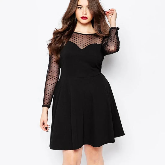 Plus Size Elegant A-line Dress Women Dot Print Long Mesh Sleeve Spring Autumn Fit And Flare Knee Length Party Dress