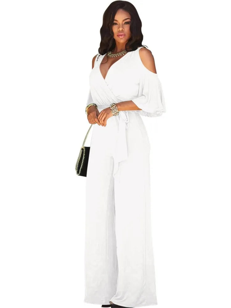 Spring Summer Solid Color Women Sexy Deep V Neck Short Sleeve Rompers Fashion Slim Fit Lace Up Elegant Female Wide Leg Jumpsuit.  S-2X