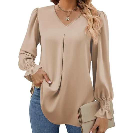 Women's Solid Colour Chiffon Shirt V-neck Long Sleeved Top Elegant Loose Blouse.  S-2X