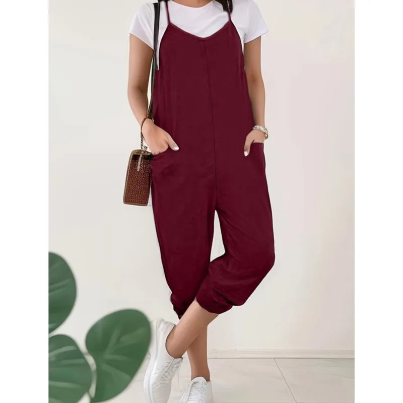 Women Solid Colour Pocket Jumpsuit 2025 Summer Simple Style Loose Casual Jumpsuit .  S-3X