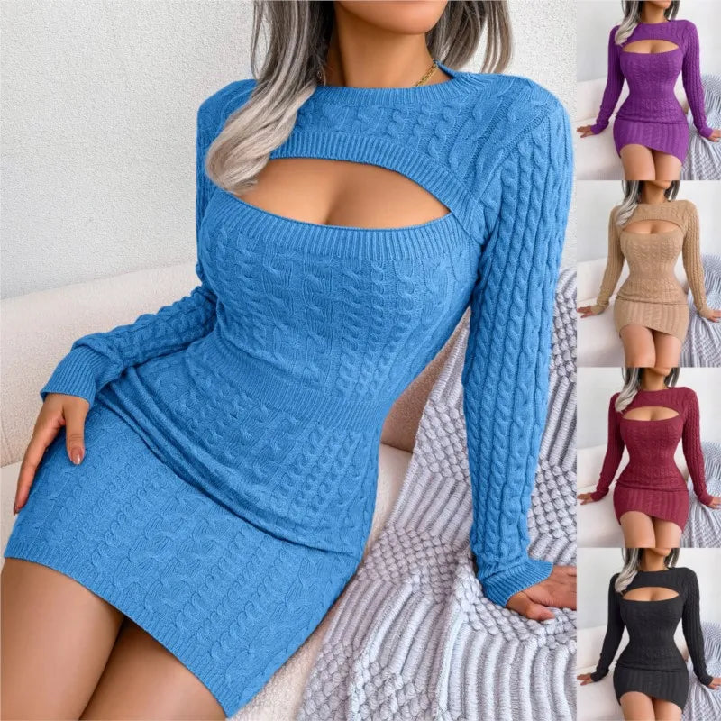 Sexy Hollowed Out Casual Dress Round Neck Long Sleeve Slim Fit Dress.