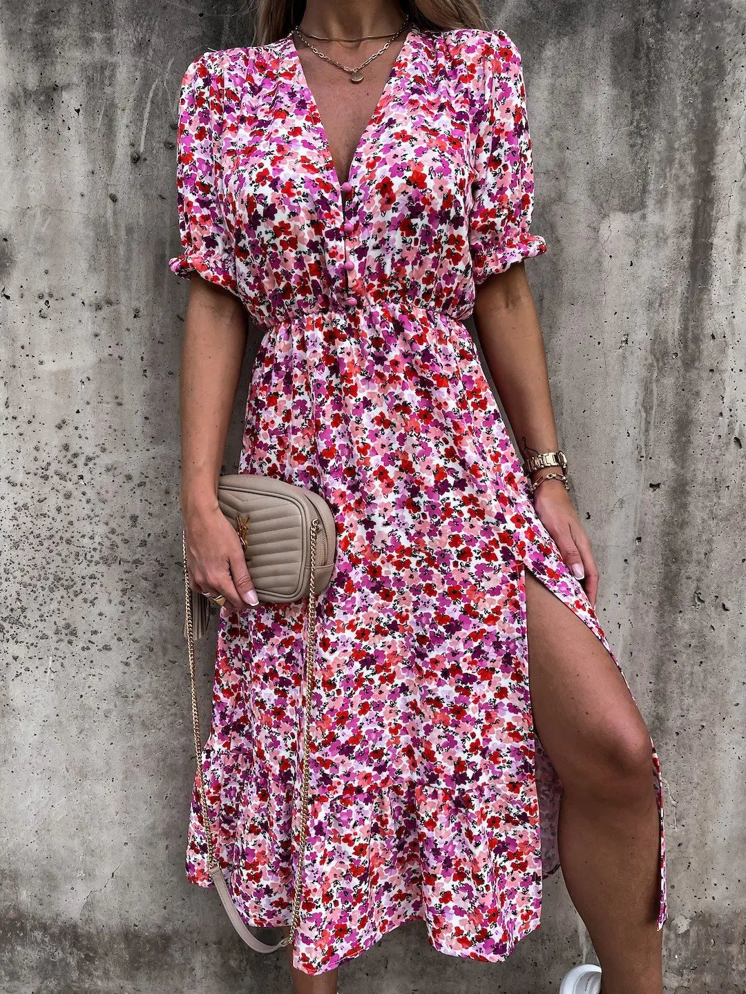 Summer Floral Print Dress V Neck Side Slit Short Sleeve Button Slim Spring Party Dress.  S-3X