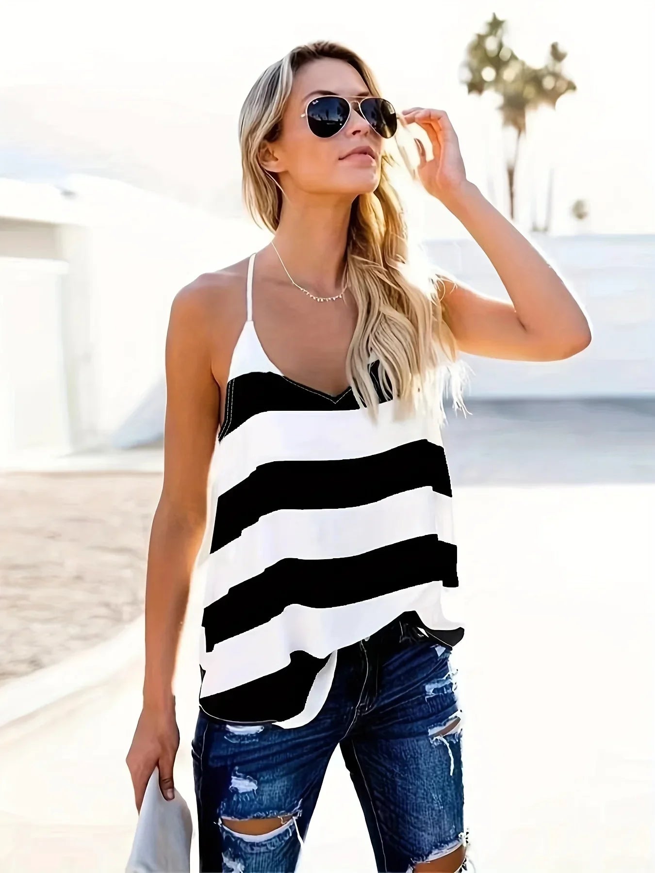 S-XXL Women's Basic Stripe Adjustable Spaghetti Strap V Neck Tank Top