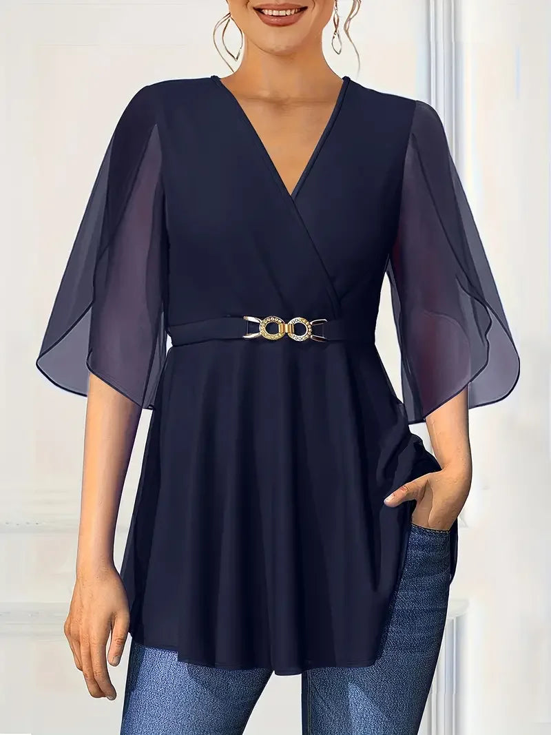 Flare Sleeve Chiffon V-neck Waist Cinched Short Sleeve Casual Blouse.