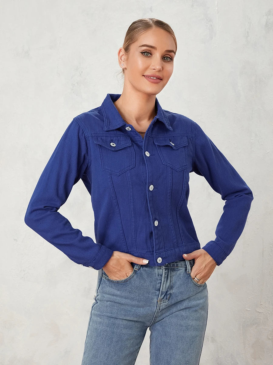 Denim Jacket For Women Solid Colour Casual Long Sleeve Button Down Chest Pocket Jean Jacket.   S-2x