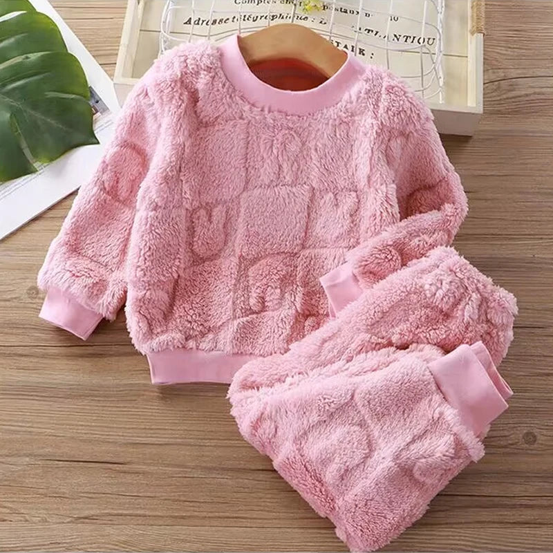 Autumn and Winter Flannel Children's Unisex Plush Thick Warm Lounge/Sleep Wear Set