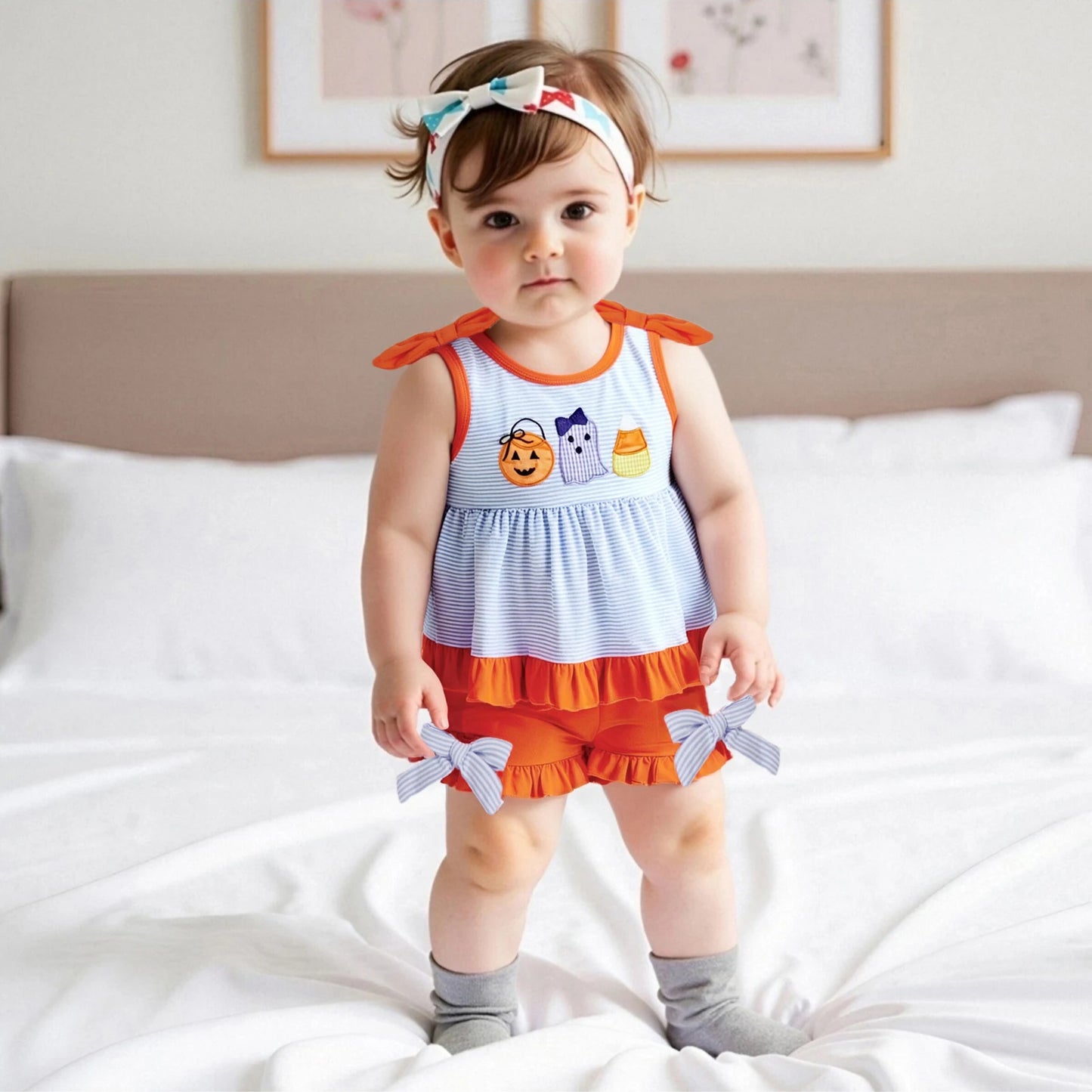 Toddler Little Girl Halloween Outfit Striped Pumpkin Ghost Ruffle Tank Tops Elastic Waist Shorts 2 Piece Set.