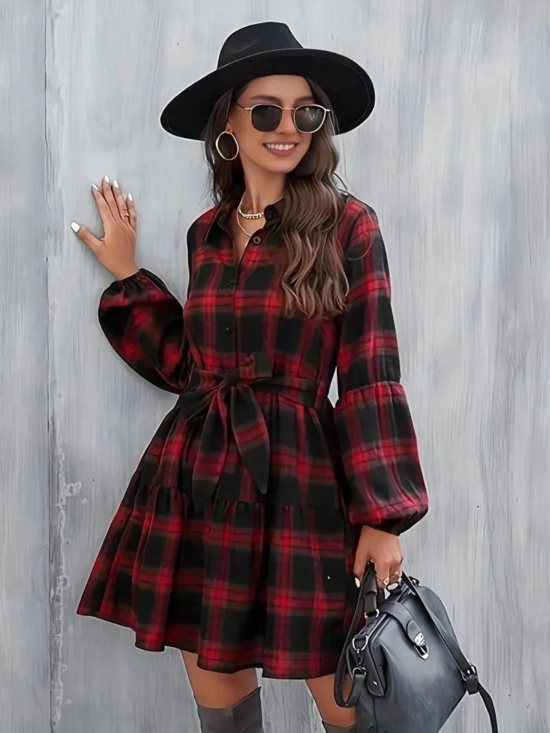 Plaid Print Button Front Dress, Elegant Lantern Long Sleeve Dress Or Women's Clothing.  S-2X