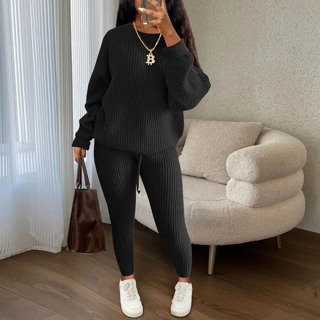 Two Piece Women Autumn Fashion Casual Solid Round Neck Pullover Loose Pit Knitted Sweater Pants Suit.  S-3XL