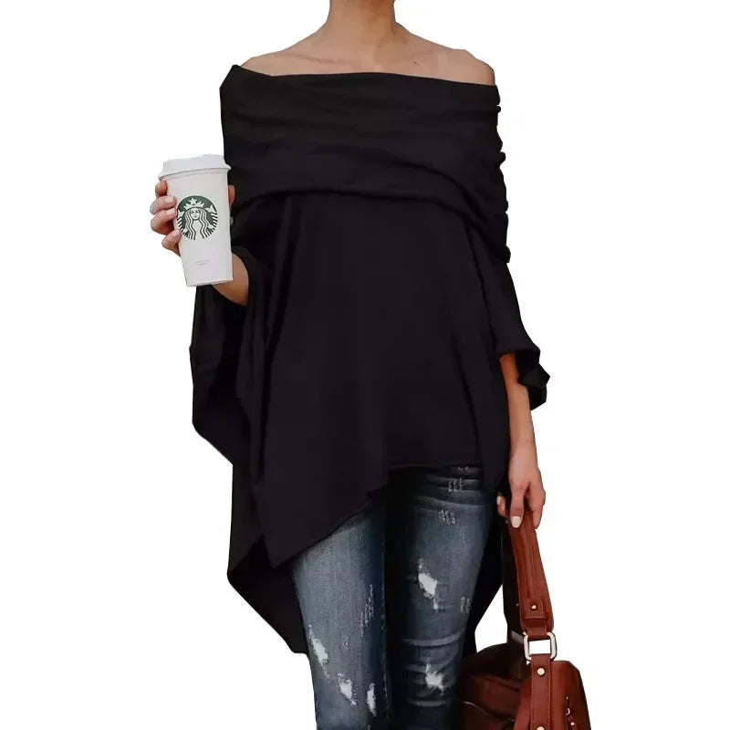 2025 New European Popular Off Shoulder Women's Spring And Autumn Loose Irregular Hem.  xS-3x