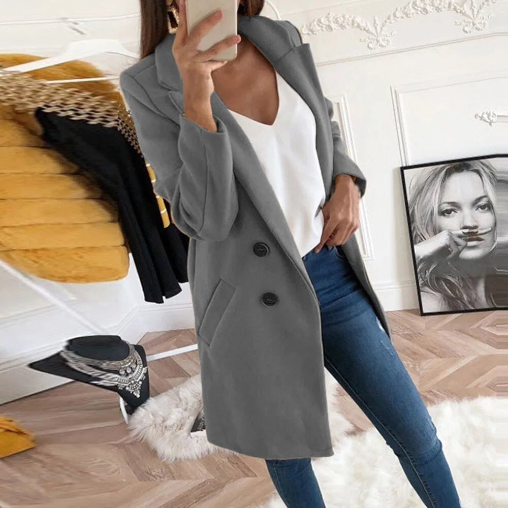 Thermal Solid Woolen Coat Women Turn-down Collar Mid-Length Plus Size Double-breasted Thick Coat
