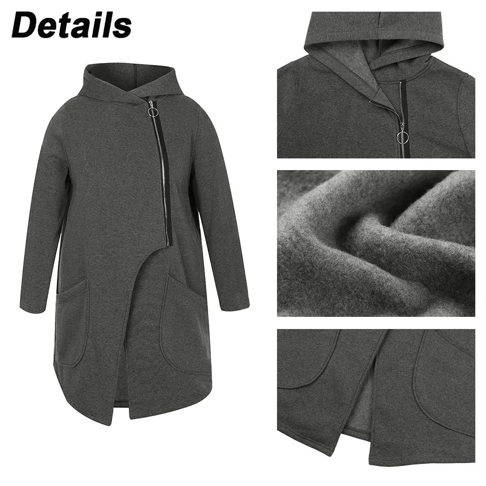 Women Loose Casual Side Zipper Jacket Thermal Hooded Jacket