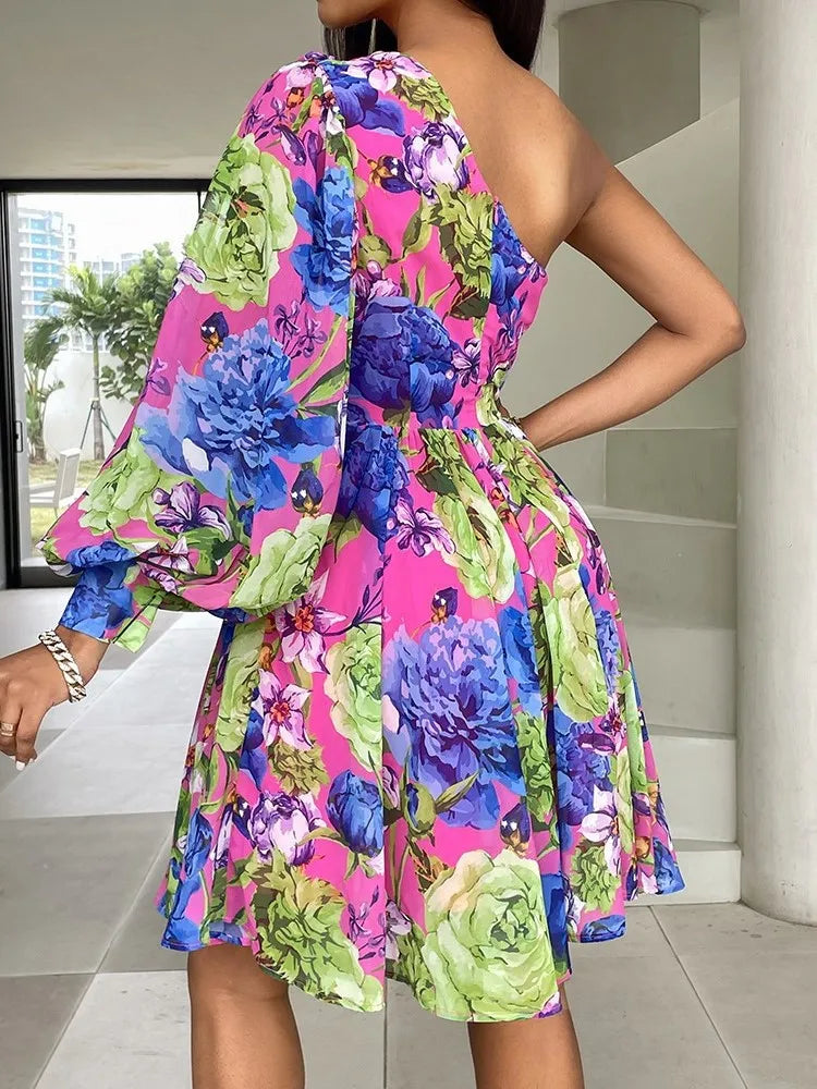 New Boho Print Women's Dress Spring Fashion Sexy Off Shoulder Elegant Dress.