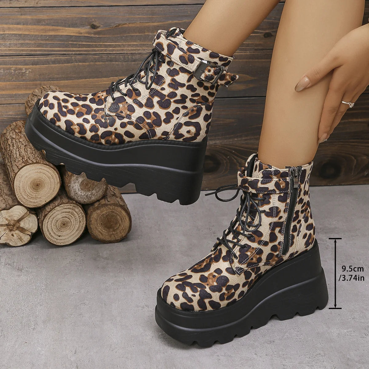 2025 Ladies Ankle Boots Modern Boots Leopard Side Zip Front Lace-up Wedge Boot