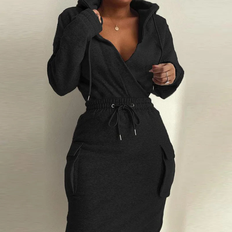 Women's Two Piece Summer Solid Colour Hooded V-neck Top Drawstring waist Dress Set.  S-3XL