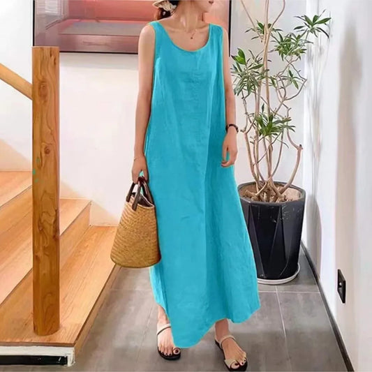 Fashion Cotton And Linen Simple Women's Long Dress Summer Casual Loose Pocket O-neck Elegant Women's Sundress.  S-4X