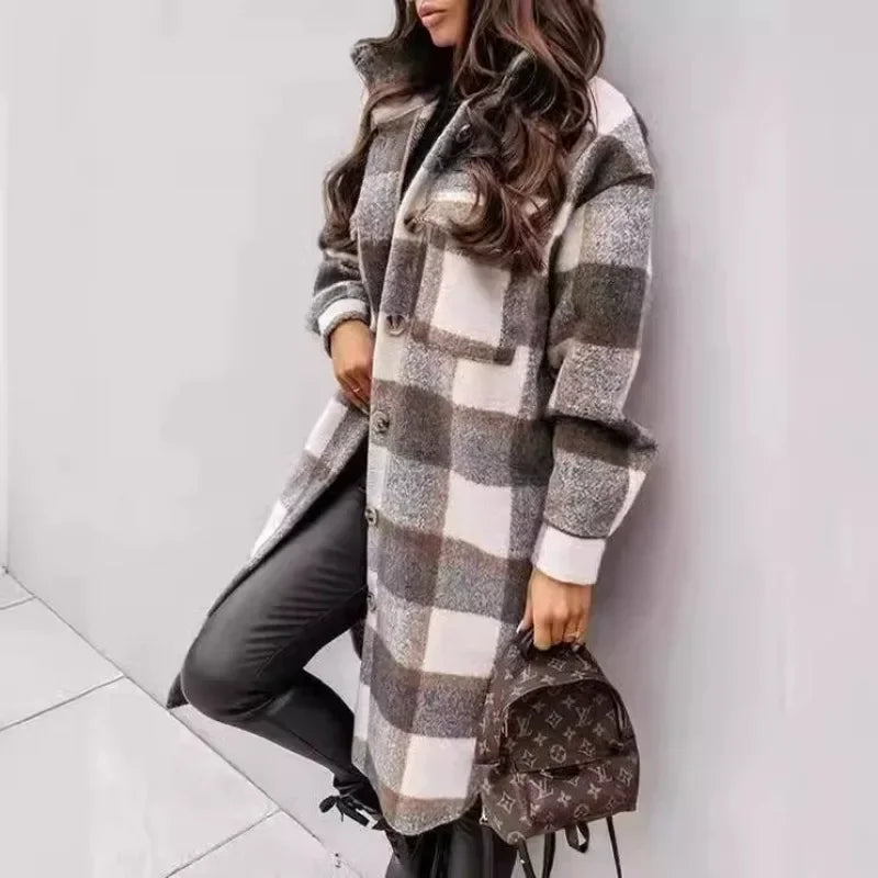 Jacket Spring and Autumn Jacket Women's Plaid Polished Long Sleeve And Pockets Outerwear.  S-2x