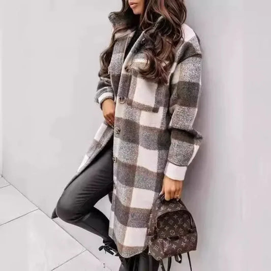 Jacket Spring and Autumn Jacket Women's Plaid Polished Long Sleeve And Pockets Outerwear.  S-2x