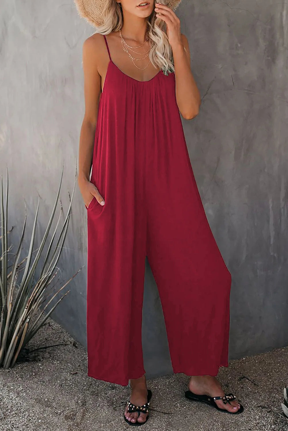 European Women's Summer New Solid Colour Pocket Casual Jumpsuit.  S-xxxL