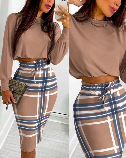 Spring Autumn Two Piece Set Casual Long Sleeve Top And Stripe Skirt Suit Outfit