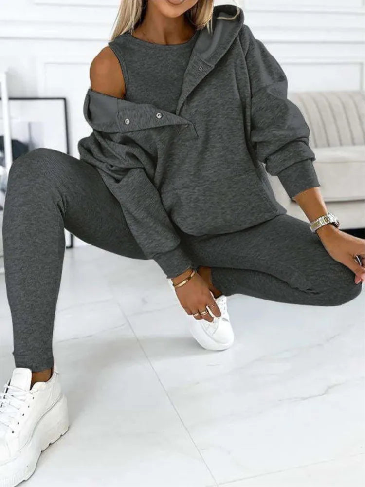 Women Hooded Long-sleeve Pocket Pullover 3-piece Hoodie Vest Pants Set Soft Thick Warm Sweatsuit .  Sz: S-3X