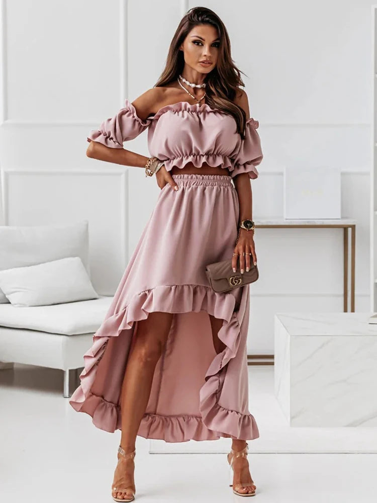 Ladies Two Piece Summer Sexy Short Sleeve Shirt And Slow Skirt Suit Solid Chic Off Shoulder, Puff Sleeve Short Top