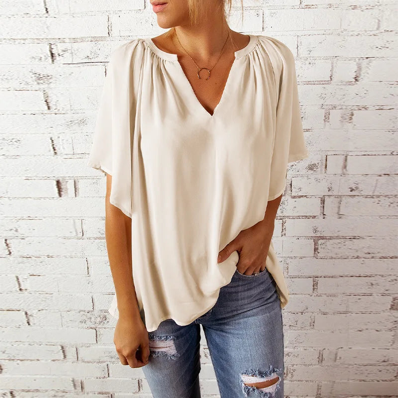 Summer New Loose V-neck Top Casual Women's Chiffon Shirt.  S-2XL