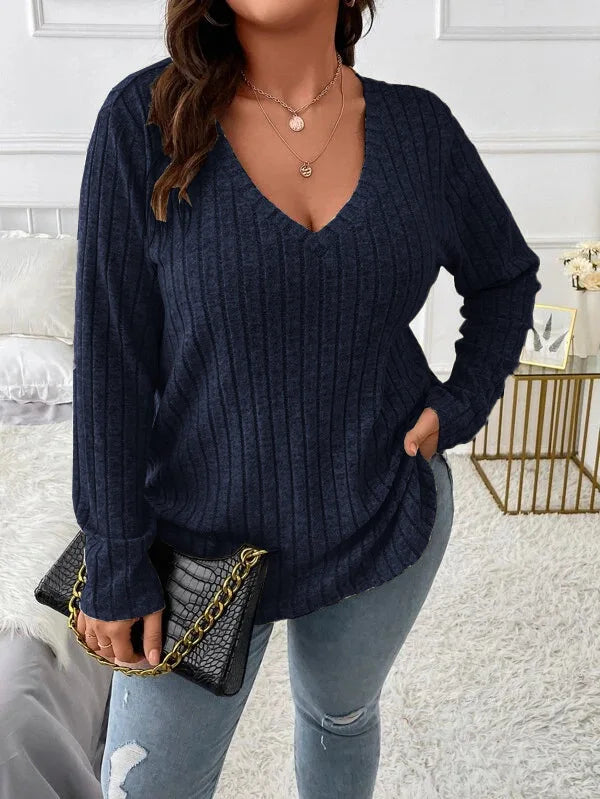 Plus Size Long Sleeve Casual Fashion V Neck Solid Colour Tops