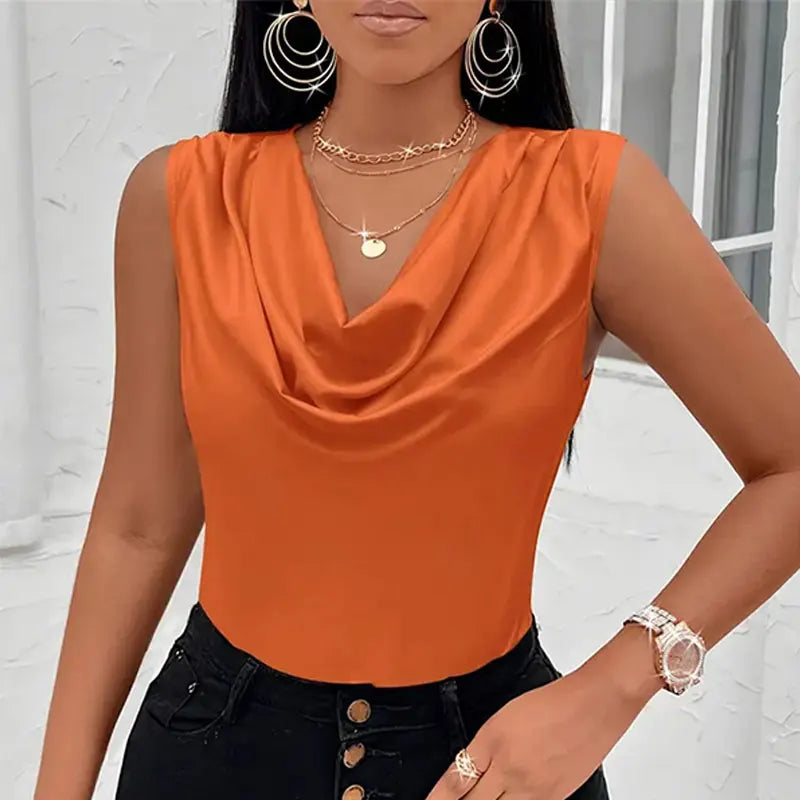 Basic Women Silk-Like Satin Top Summer Sexy Cowl Neck Top.  S-xxL