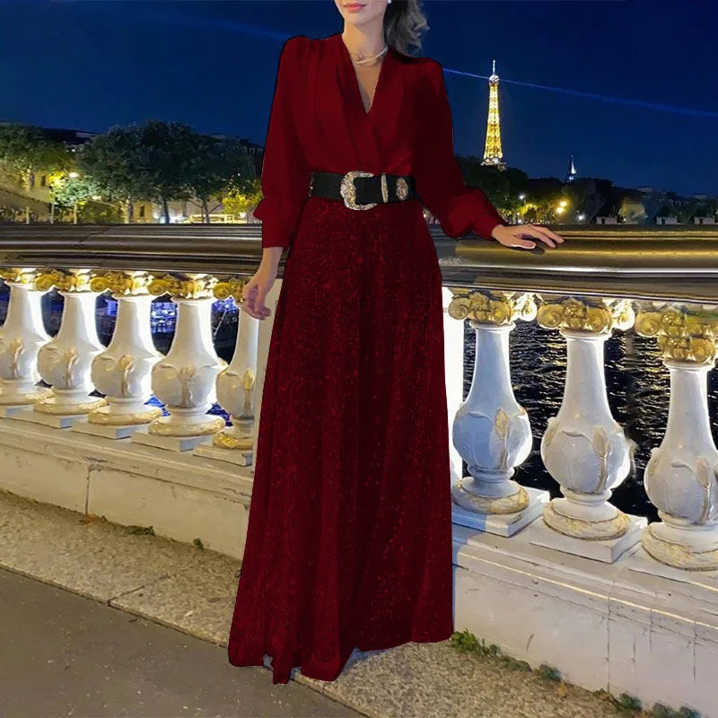 Women's Jumpsuit Fashion V-Neck Long Sleeved Shirt with Elegant Temperament and Sequin Wide Leg Pants for Spring/summer 2025.  S-3X